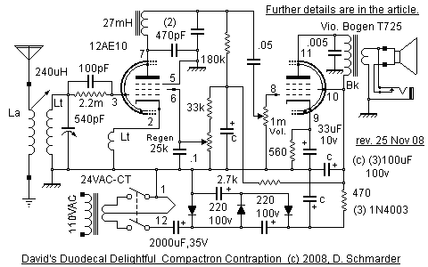 Regenerative radio using a 12AE10 tube.