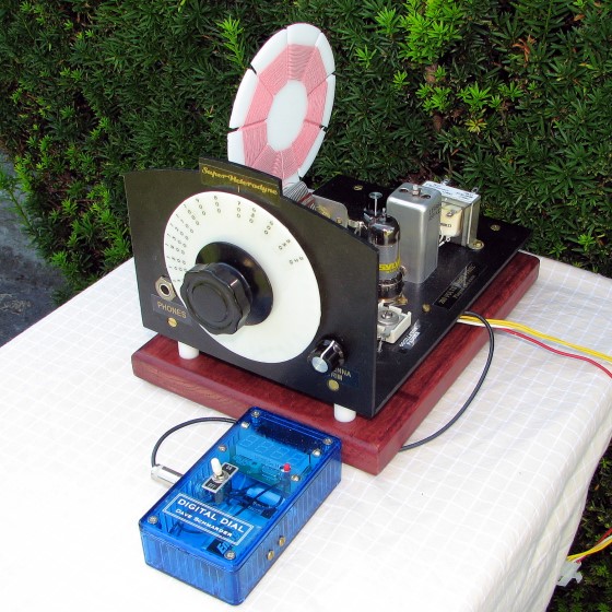 Dave's Homemade Superhet Radio front-side view with frequency counter