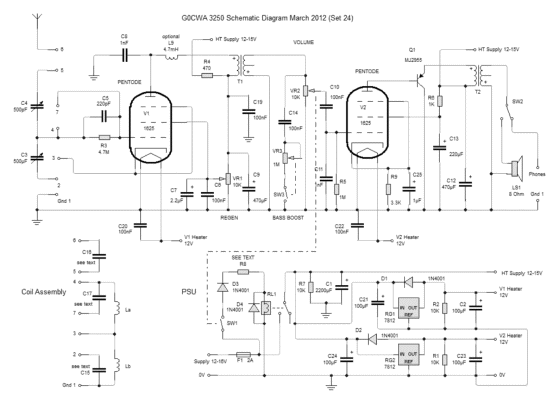 Dual 1625 valve regenerative radio receiver, schematic