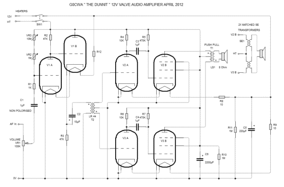 3 valve audio amplifier runs on 12 volts ht, schematic