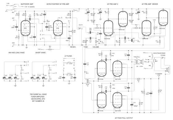 Tube regenerative multiband receiver with valve amplifier schematic.