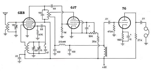 Tom Boyd's 3 Tube 1941 Design Regen Radio, Schematic