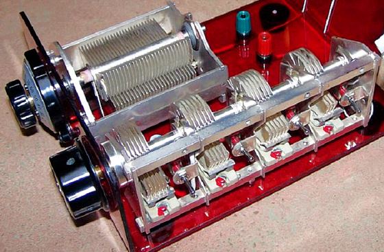Close up of crystal radio variable capacitors.